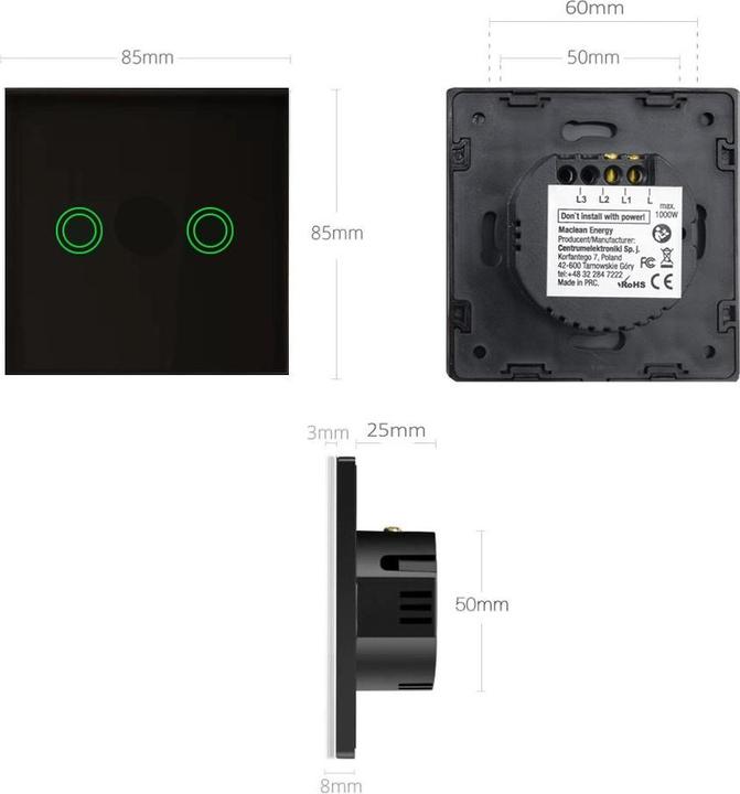 Produktbild Maclean Interrupteur double mural tactile MCE704 (Noir)