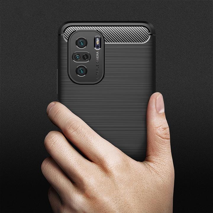 Actual product image Cover-Discount Xiaomi Poco F3 - Metal Carbon Look Rubber Case Black