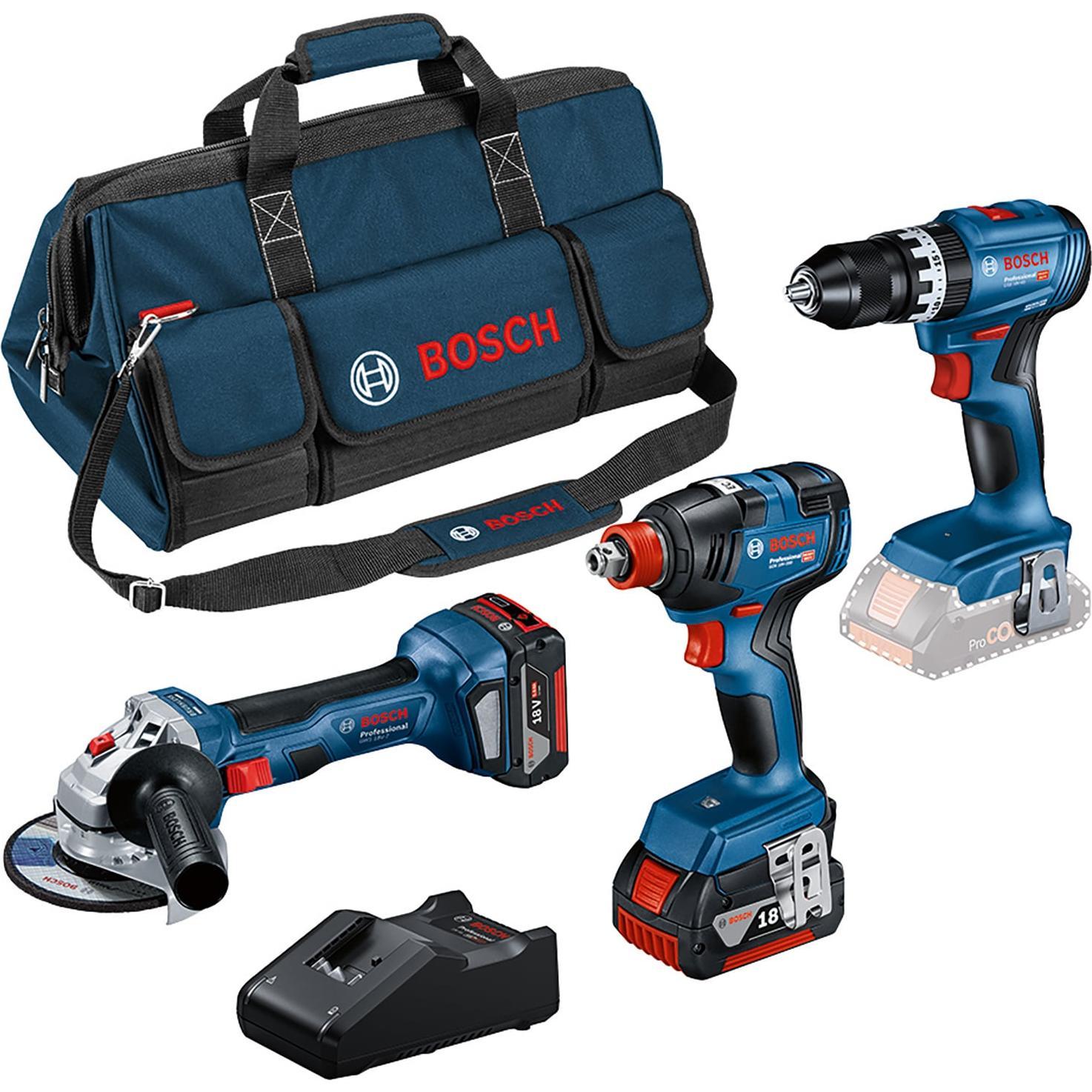 Bosch Professional, Set di utensili elettrici, Kit combinato con 3 utensili da 18V: GSB 18V-45, GDX 18V-200, GWS 18V-7, 2x 5.0Ah