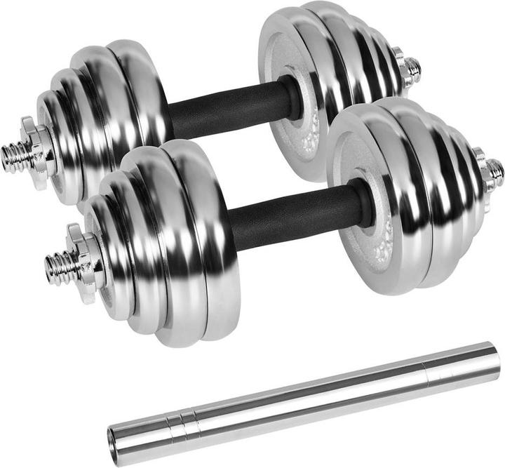 Rebel ACTIVE Verchromte verstellbare Hanteln im Koffer 30 kg mit Langhantel