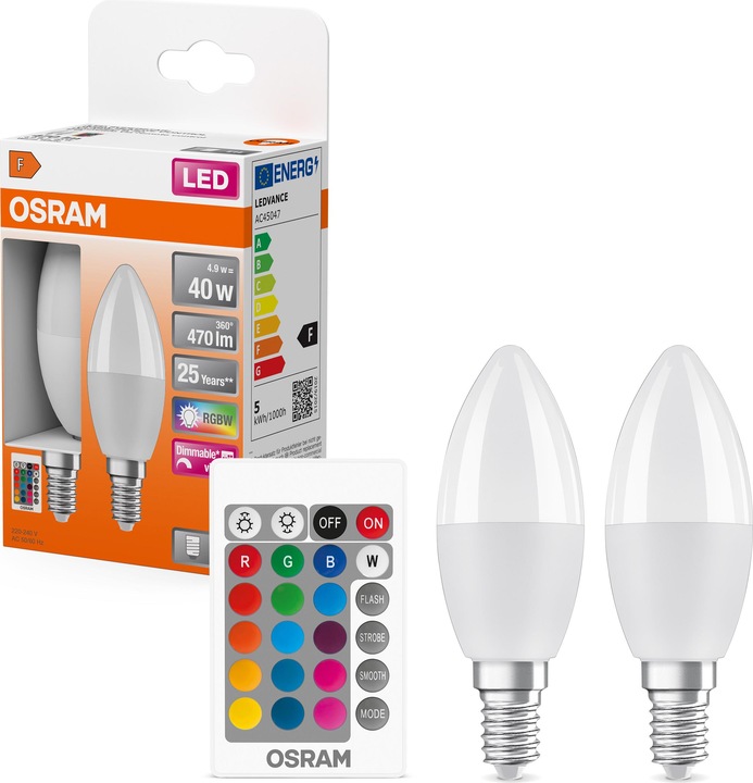 Image du produit Osram LED STAR+ CLB RGBWFR 40 DIM via rem. con 5,5W/827 E14 470LM 2er BOX (E14, 4.90 W, 470 lm, 2 x, F)