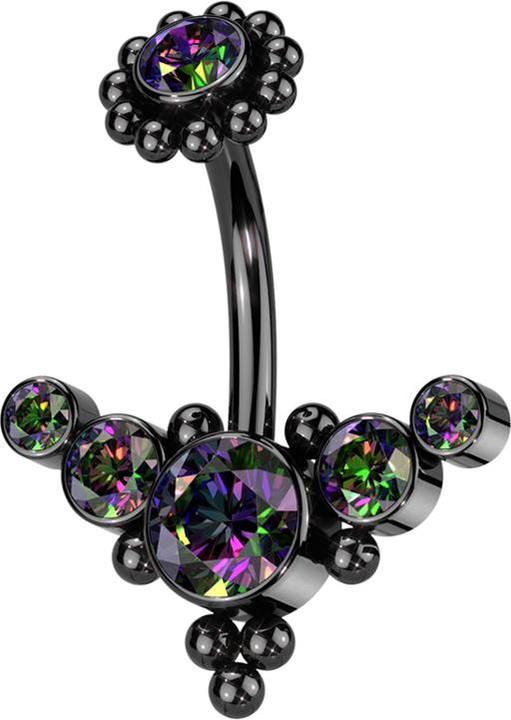 Actual product image Hollywood Body Jewelry Banana internal thread black with ball flower black crystal dark multicolour and front centre with K (without brass, Surgical steel 316L)