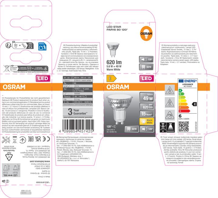 Produktbild Osram LED Leuchtmittel LED STAR PAR16 5.6W 827 GU10 Warm weiss 4099854457425 (GU10, 5.60 W, 620 lm, 6 x, E)