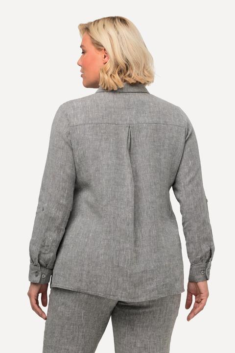 Actual product image Ulla Popken Roll-Tab Sleeve Button Front Linen Blouse (54, 56)