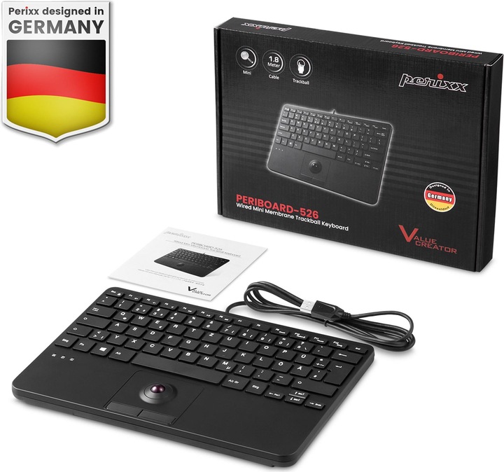 Immagine prodotto Perixx PERIBOARD-526 H IT, Mini tastiera USB cablata con trackball - tasti a forbice - 2 porte USB (DE, Cablato)