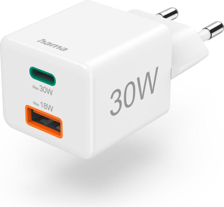 Hama Schnellladegerät, 1x USB-C PD, 1x USB-A QC, Mini-Ladegerät, 30 W, Weiss (30 W, 2 Ports)