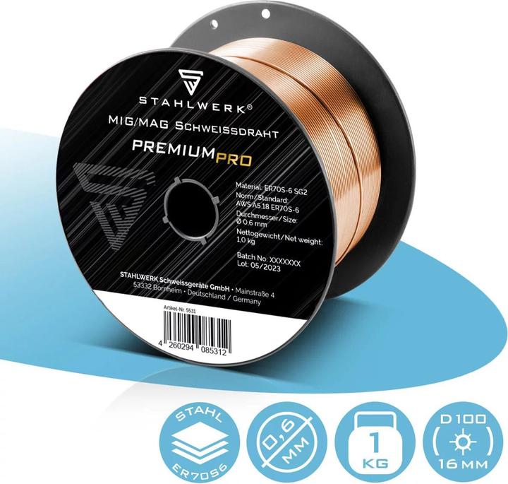 Produktbild Stahlwerk Schweissdraht MIG MAG ER70S-6 SG2 Ø 0,6 mm S100/D100 1 kg Drahtrolle