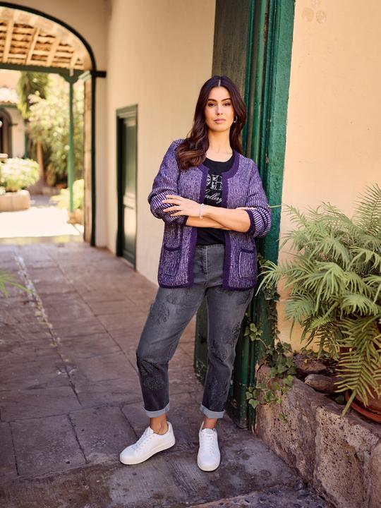 Produktbild Ulla Popken Strickjacke, Streifen-Rippstrick, Rundhals, Langarm (44)