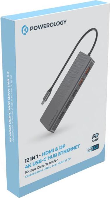 Actual product image Powerology 12in1 USB-C Hub HDMI Type-C 100W PD Ethernet VGA USB SD MicroSD 3.5AUX (USB-C, 12 ports)