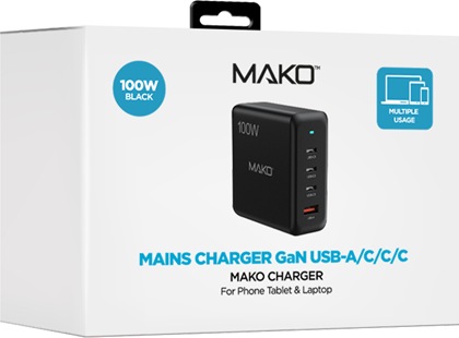 Actual product image Mako GaN2 EU Mains Charger USB-C/C/A (100 W)