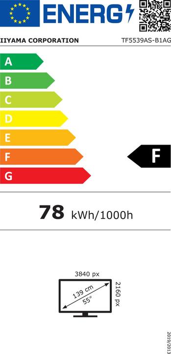 Energy Label iiyama 139cm (54.6") TF5539AS-B1AG 16:9 M-Touch 2xHDMI+Dp (3840 x 2160 Pixels, 54.60")