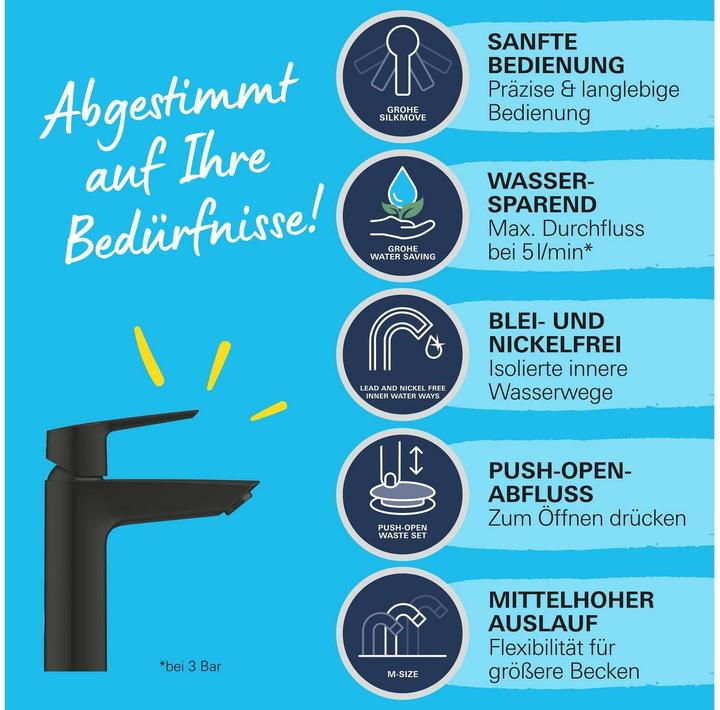 Produktbild Grohe Start QuickFix Lavaboarmatur, M-Size, Push-Open, energiesparend, mattschwarz