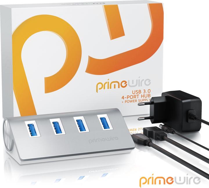 Produktbild Primewire aktiver 4 Port USB 3.0 Hub, Verteiler mit Netzteil, Hot Plug, USB Hub Aluminiumgehäuse (USB-A, 4 Ports)