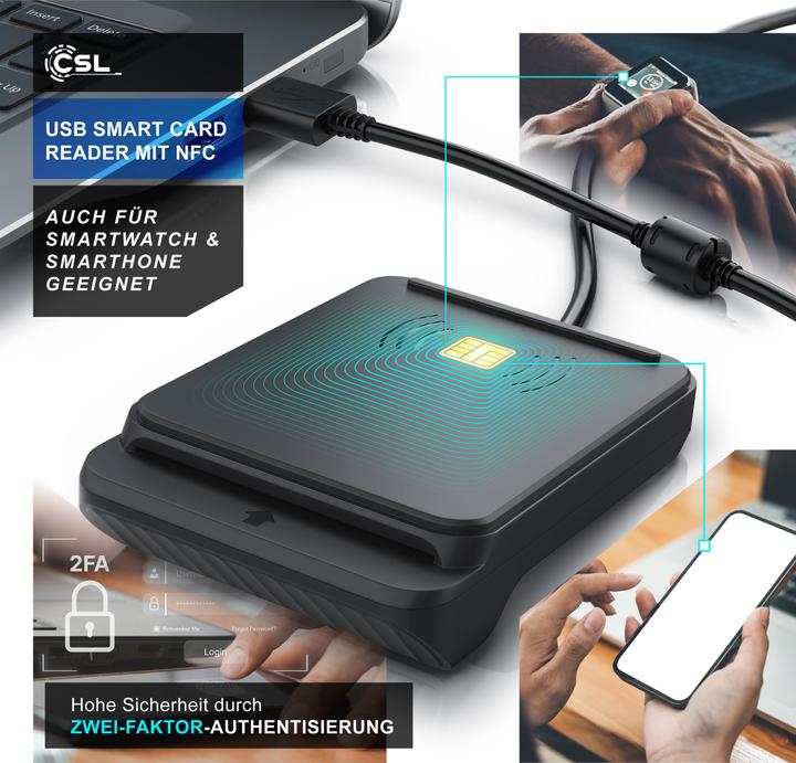 Produktbild CSL USB Chipkartenleser, NFC, ISO 7816/14443, kompatibel mit Mac OS X & Windows 11, für Personalausweis