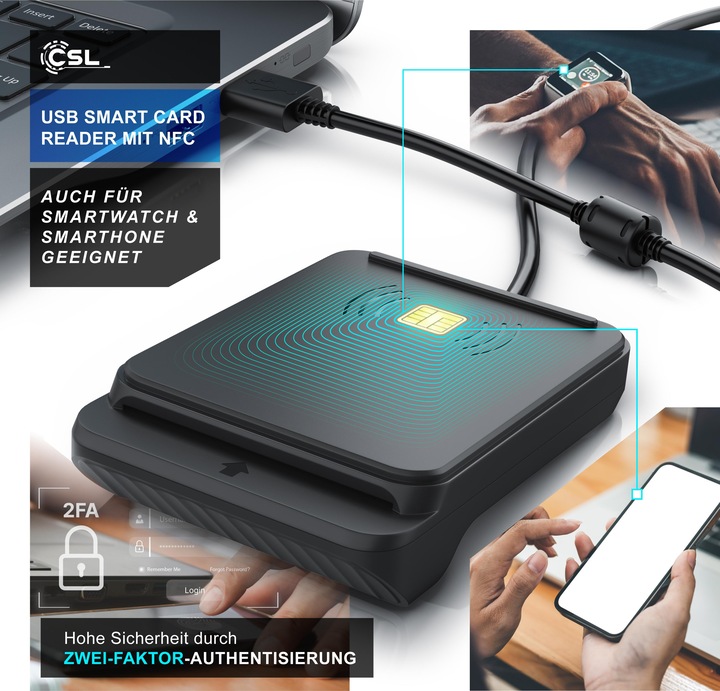 Produktbild CSL USB Chipkartenleser, NFC, ISO 7816/14443, kompatibel mit Mac OS X & Windows 11, für Personalausweis (USB)