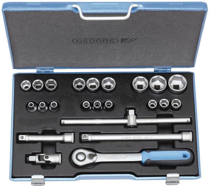Actual product image Gedore 19 EMU-20 Socket spanner set 1/2", 23 pieces, hexagonal, 8-32 mm (32 mm, 18 mm, 11 mm, 12 mm, 20 mm, 19 mm, 27 mm, 15 mm, 25 mm, 13 mm, 21 mm, 14 mm, 29 mm, 8 mm, 10 mm, 30 mm, 23 mm, 26 mm, 22 mm, 17 mm, 28 mm, 9 mm, 16 mm, 24 mm, 31 mm)