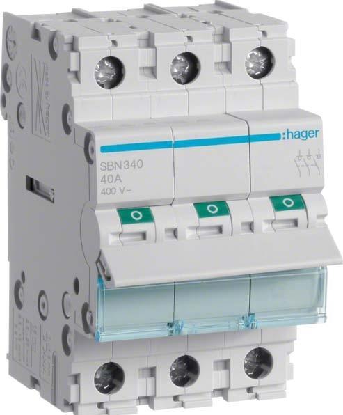 Hager SBN340. Nennstrom: 40 A. Typ: B-type, Module Menge (max): 3 Modul(e). Breite: 52,5 mm, Tiefe: 68 mm (Widerstand)