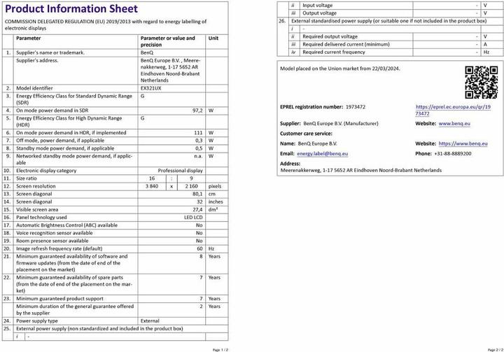 Nutritional values and ingredients BenQ Mobiuz EX321UX (3840 x 2160 Pixels, 31.50")
