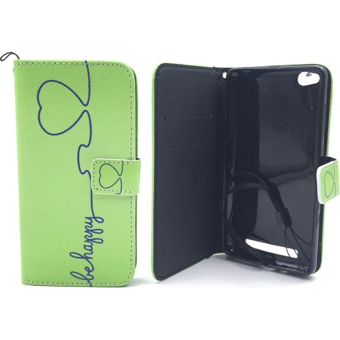 König Design Schutz Hülle für Xiaomi Redmi 3 Be Happy Grün Tasche Case Wallet + 1 Panzer Schutz Glas (Xiaomi Redmi 3), S...