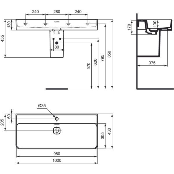 Thumbnail - Ideal Standard, Waschbecken, Waschtisch Strada II 100 cm geschliffen weiss T364601 (430 mm, 1000 mm)