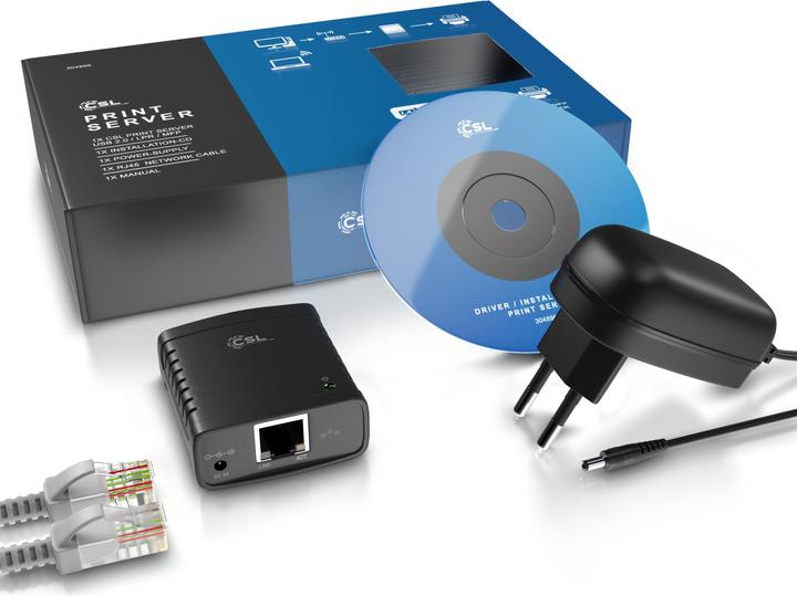 Image du produit CSL Serveur d'impression LAN, serveur d'impression USB, alimentation, Fast Ethernet, pour PC Windows