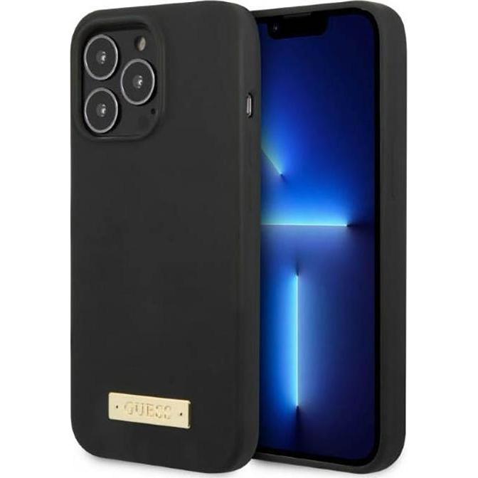 Guess GUHMP13XSPLK Custodia rigida per iPhone 13 Pro Max 6,7" in silicone con logo e piastra MagSafe (Apple iPhone 13 Pro Max), Cover smartphone, Nero