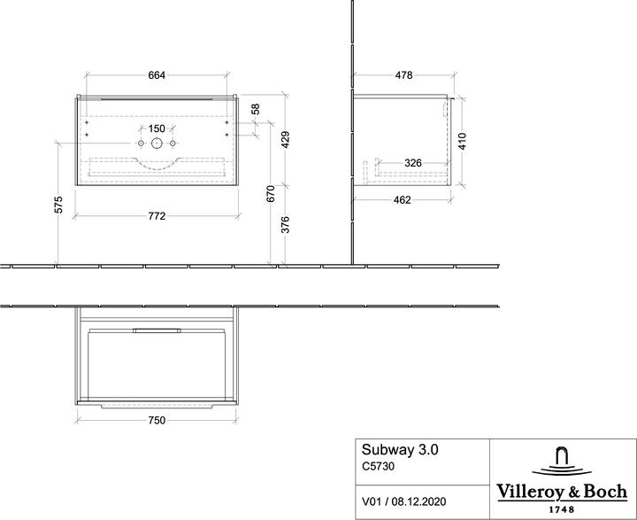 Produktbild Villeroy & Boch Subway 3.0, Waschbeckenunterschrank, 772x429x478 mm, 1 Auszug, C5730