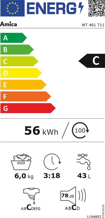 Energie-Label Amica WT 461 711 ws Toplader C 6kg 1000U 16Prg Aquastop 88x40x61cm (6 kg)