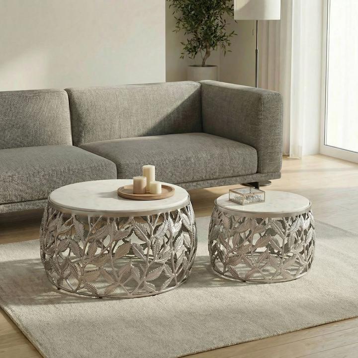 Produktbild FineBuy 2er Set Couchtisch Marmor Metall rund Wohnzimmertisch Beistelltisch Satztisch (60 x 60 x 33 cm)