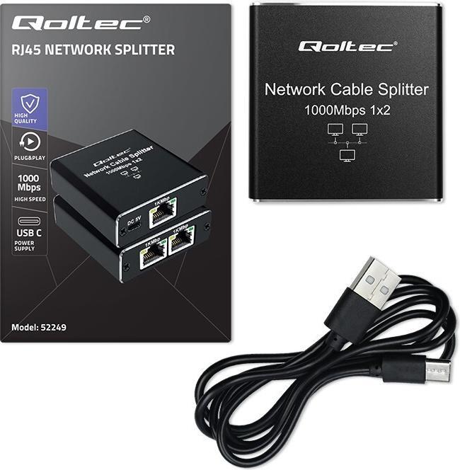 Productafbeelding Qoltec Splitter Mini SWITCH 1x2 Port RJ45 1000Mbps (3 ports)