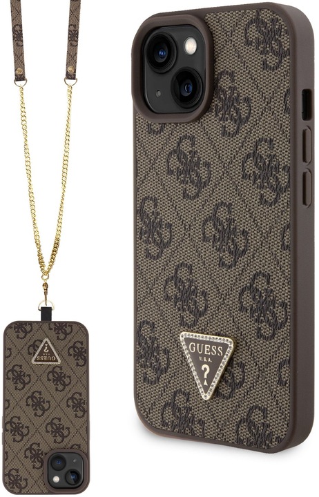 Actual product image Guess PU Leather Metal Logo Rhinestone Crossbody Case for Apple iPhone 15 - brown (Apple iPhone 15)