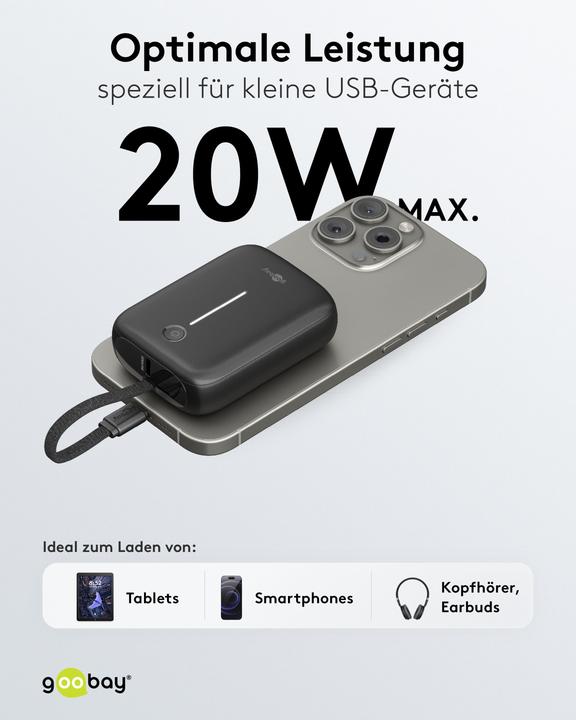 Productafbeelding Goobay Powerbank 10.000 mAh mit integriertem USB-C-Kabel (10000 mAh, 15 W, 37 Wh)