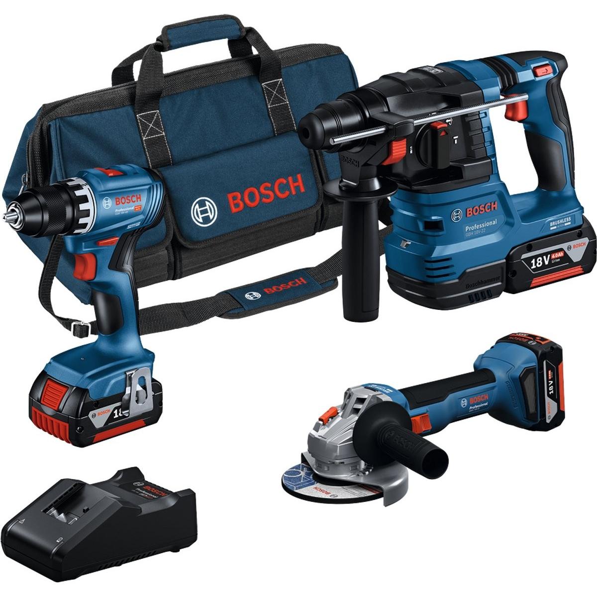 Bosch Professional, Set di utensili elettrici, Kit Combo 3 x 18V: GSR + GWS + GBH + 3 x batteria ricaricabile, borsa per gli attrezzi