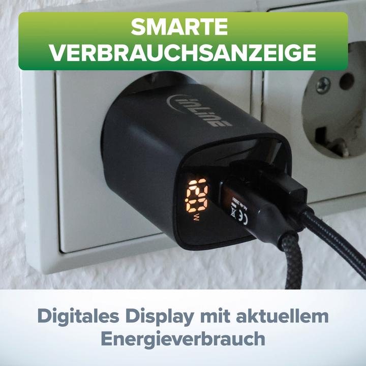 Produktbild InLine USB PD Netzteil, GaN Ladegerät, 2-Port, USB-C + USB-A, 30W, mit Display, schwarz (30 W, 2 Ports)