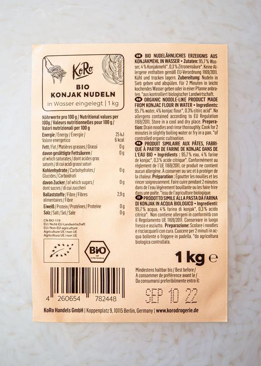 Nährwerte und Zutaten KoRo Bio Nudelähnliches Erzeugnis aus Konjakmehl in Wasser (1000 g)