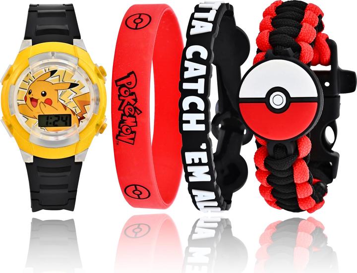 Produktbild Accutime Armbanduhr Set Pokémon mit Accessoires, Kinder LCD-Uhr mit digitaler Anzeige, blinkende LED (Digitaluhr)