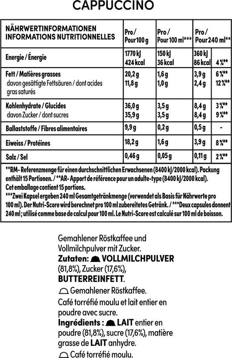 Nährwerte und Zutaten Nescafé Dolce Gusto Cappuccino (15 x Port.)