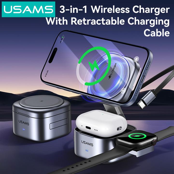 Actual product image Usams Wireless charger 3in1 CD257 Qi2 tarnish (15 W)