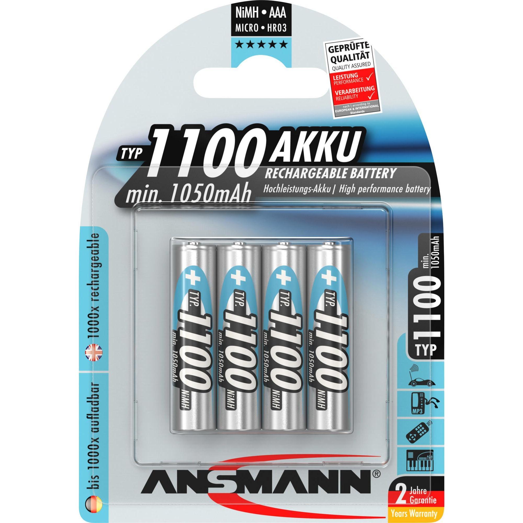 Ansmann Typ 1100 (4 Stk., AAA, 1050 mAh), Batterien + Akkus