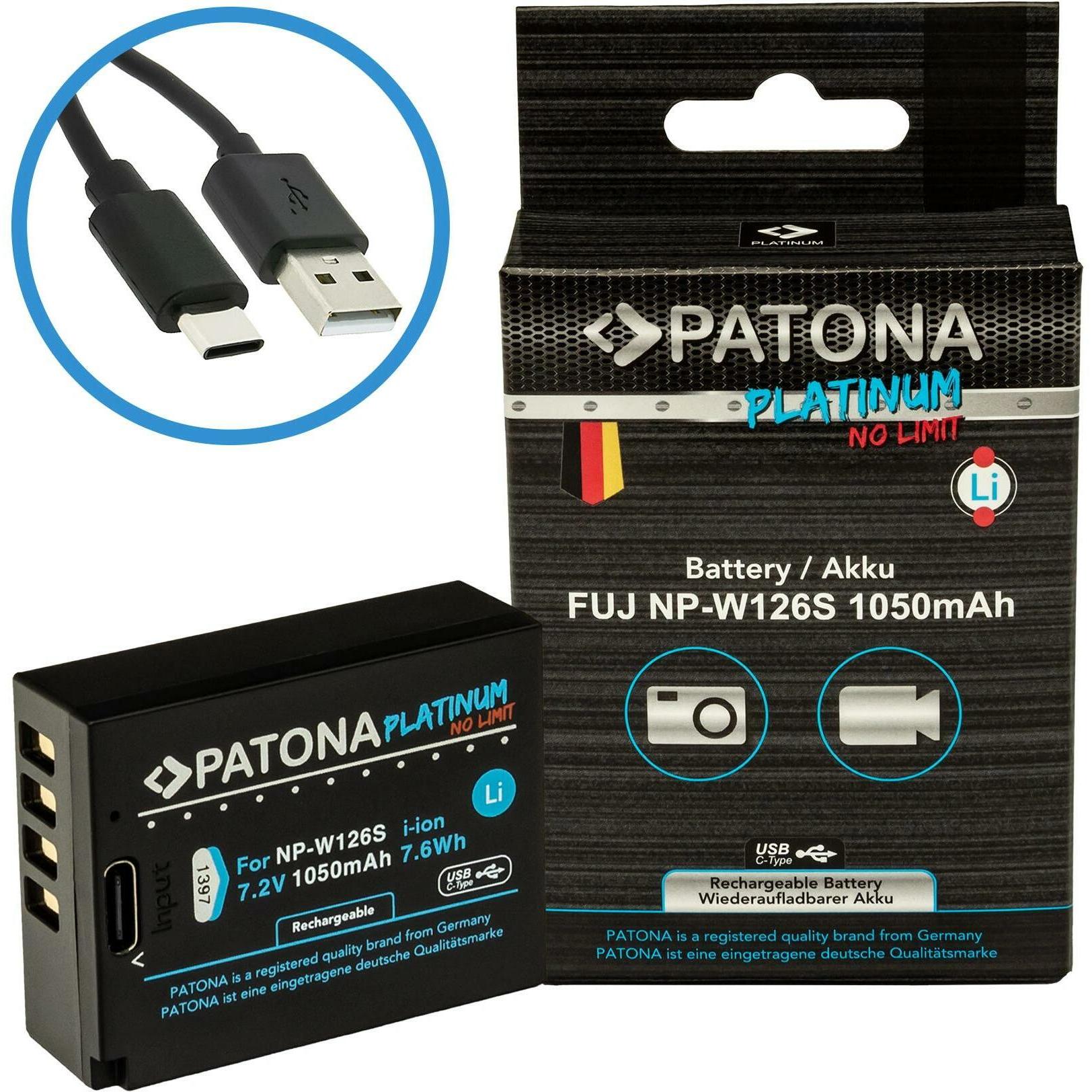 Patona Platino USB-C Fujifilm NP-W126S (Batteria della fotocamera), Alimentatore fotocamera, Nero