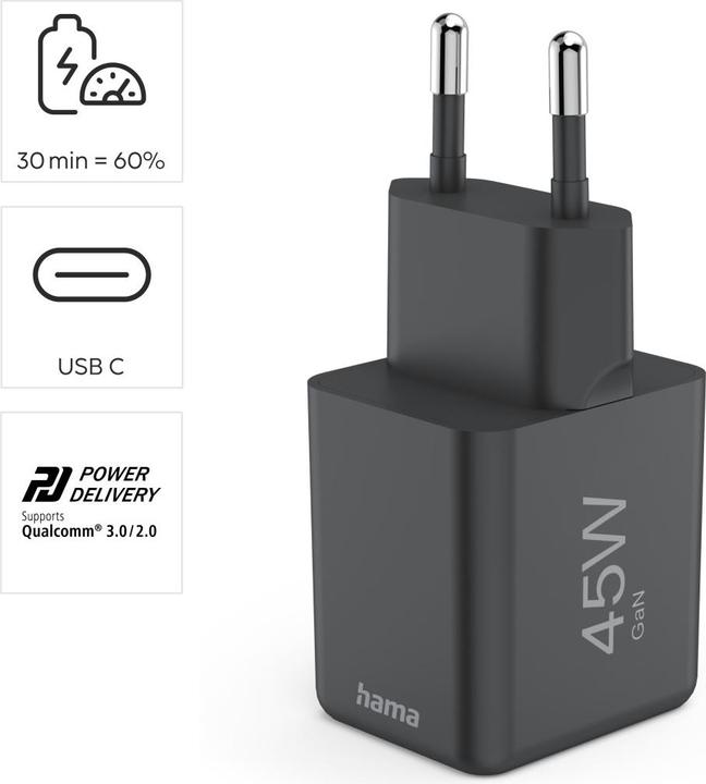 Produktbild Hama Schnellladegerät, USB-C, PD/QC/GaN, Super-Mini-Charger, 45 W, Schwarz (45 W)
