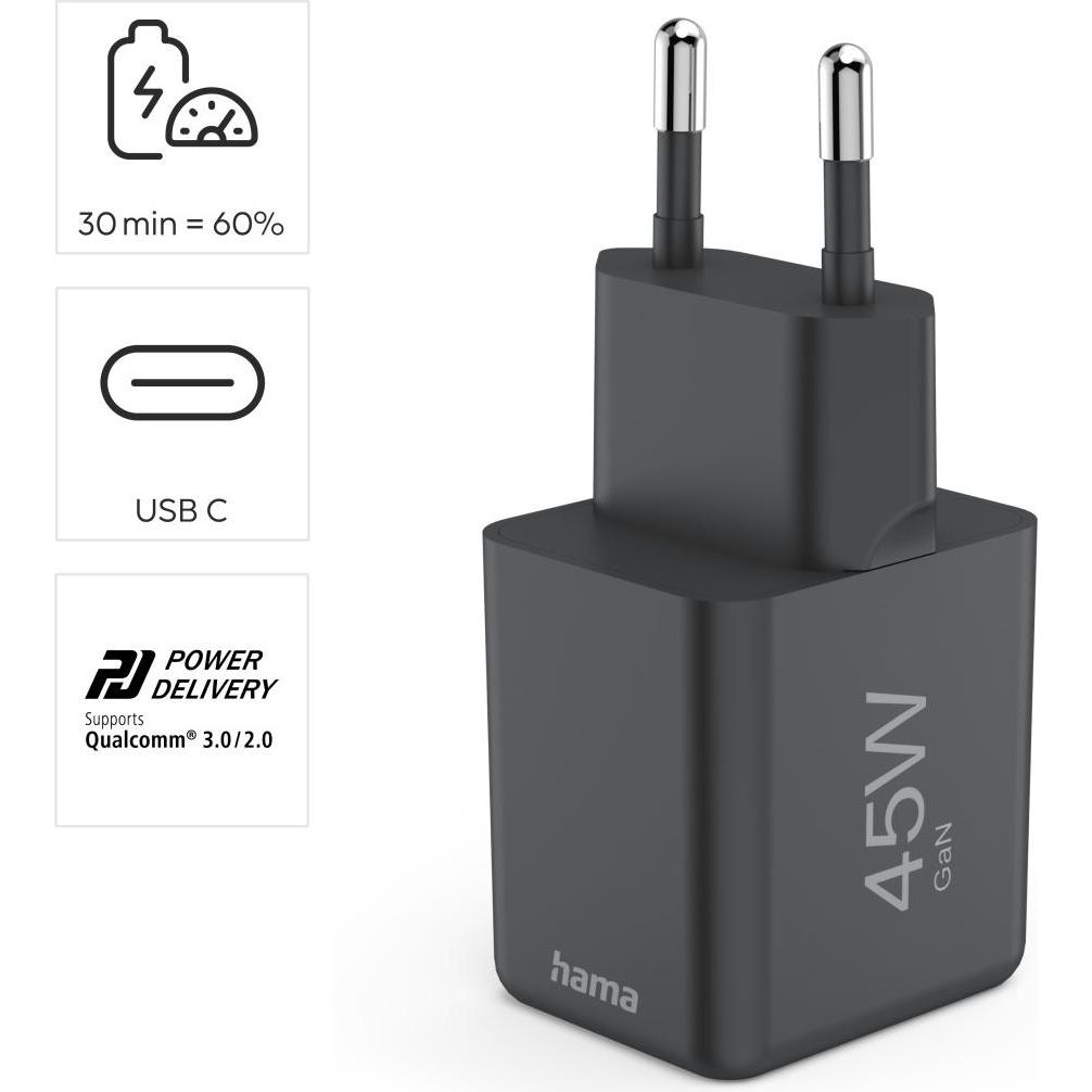 Thumbnail - Hama Schnellladegerät, USB-C, PD/QC/GaN, Super-Mini-Charger, 45 W, Schwarz (45 W), USB Ladegerät, Schwarz