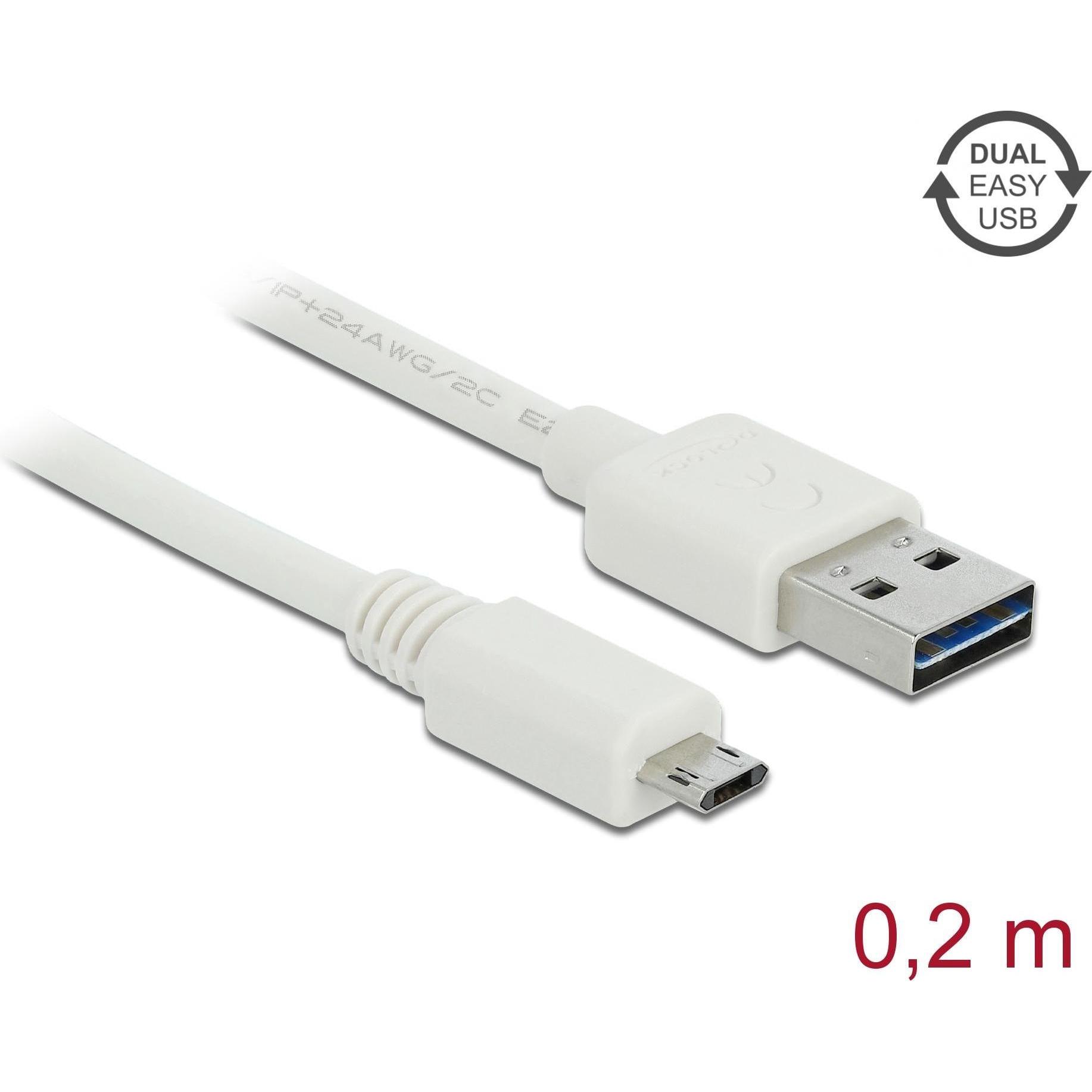 Thumbnail - Delock USB2.0-Kabel Easy A-MicroB: 0.2m, weiss (0.20 m, USB 2.0), USB Kabel