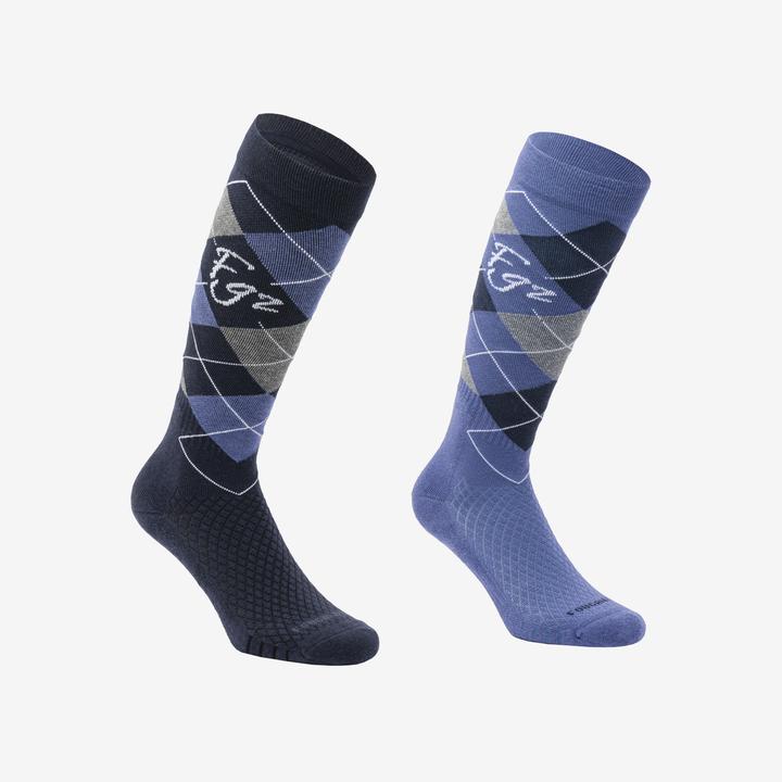 Actual product image Fouganza Reitsocken 500 Damen/Herren kariert blau/hellblau (39, 42)