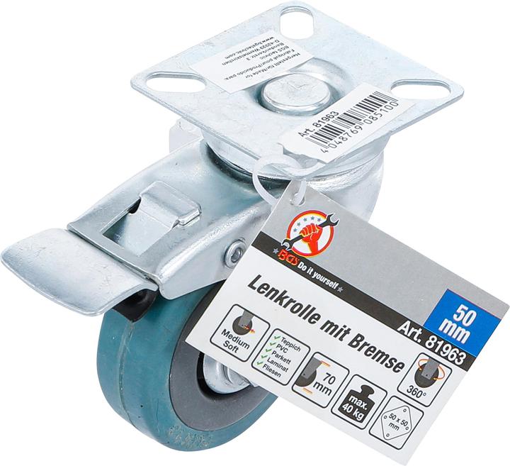 Produktbild BGS Lenkrolle mit Bremse | Gummi | mit Anschraubsockel | Ø 50 mm