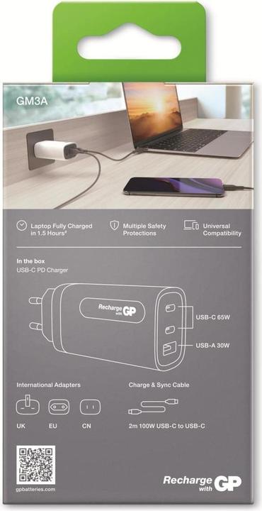 Produktbild GP Batteries GP GaN USB Schnelladeadapter 65W PD 2xUSB-C & 1xUSB-A weiss (65 W, 2 Ports)