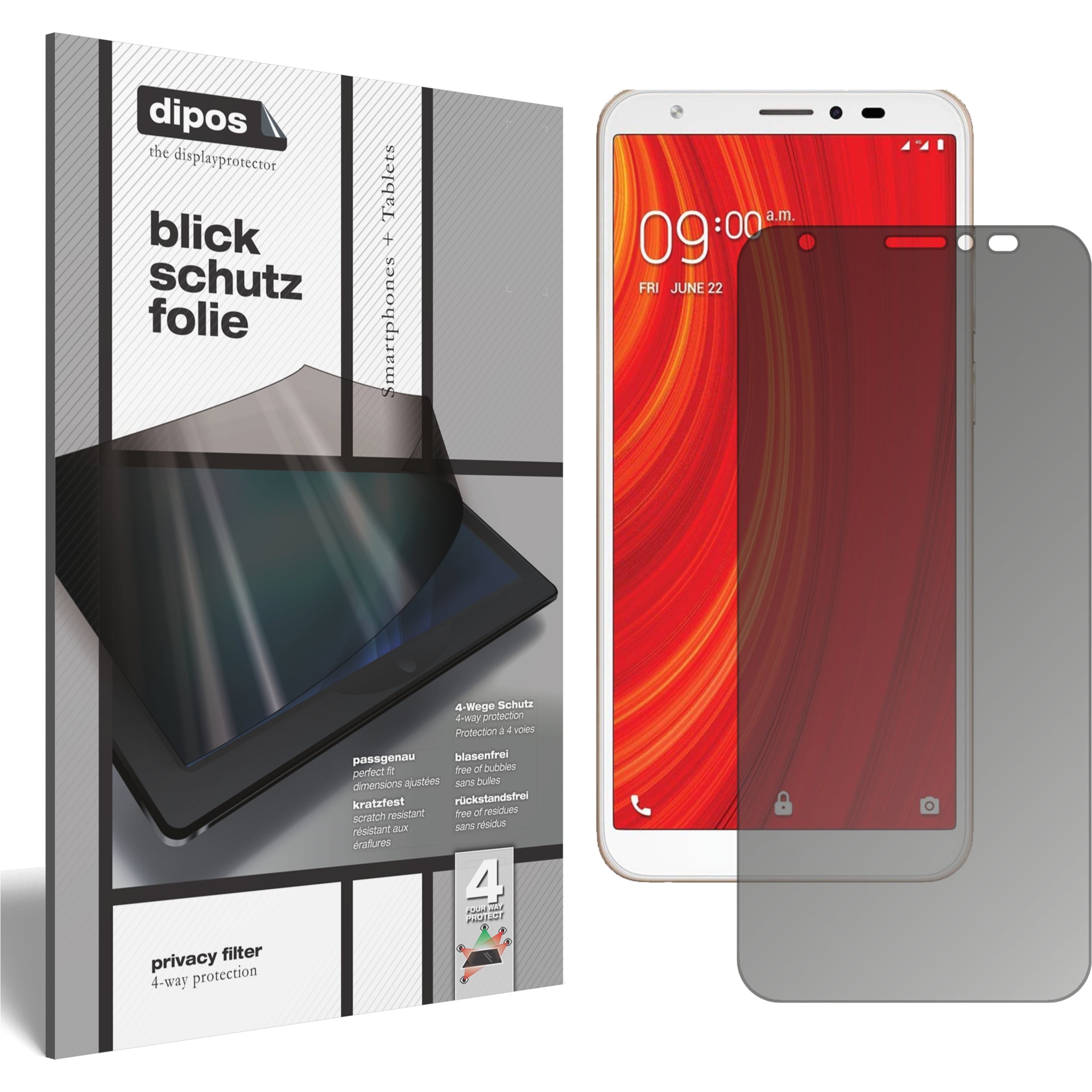 Dipos Blickschutzfolie 4-Way Privacy (1 Stück, Lava Z61), Smartphone Schutzfolie, Transparent