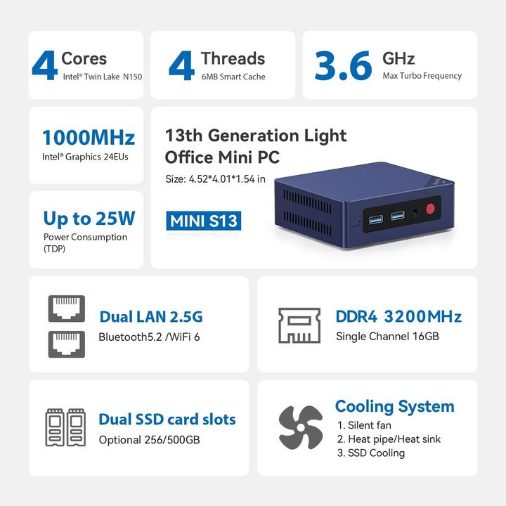 Produktbild Beelink Mini PC S13 (500 GB, 16 GB, Intel N150)