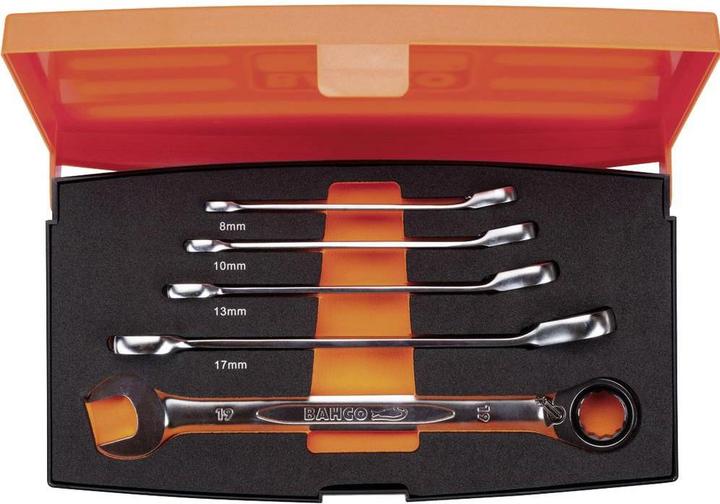 Produktbild Bahco Satz metrische Knarren-Ring-Maulschlüssel - 5-teilig/Kunststoffbox (10 mm, 13 mm, 17 mm, 19 mm, 8 mm)