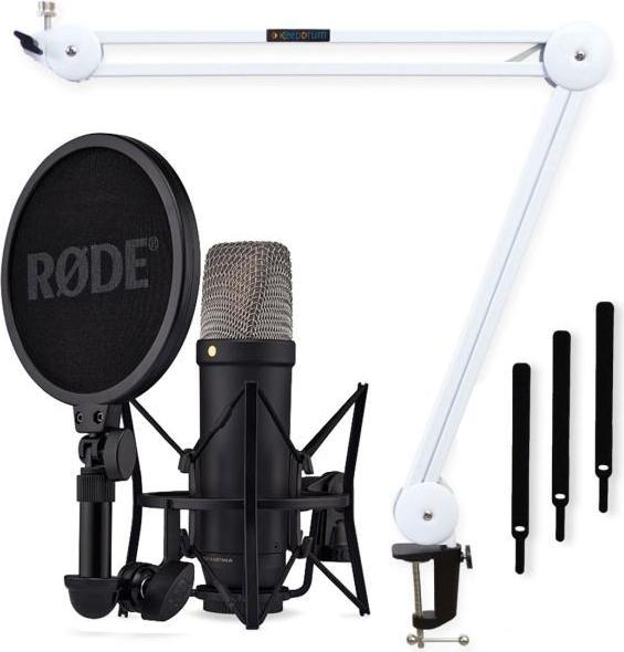 Dust bag, USB-C to USB-C cable 3m, SM6 spider with pop shield, XLR cable 6m, Rode NT1 5th Generation Microphone Black with Stand Arm in White, keepdrum MS138 WH microphone boom, 3 Velcro cable ties